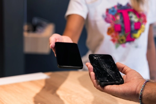 Smartphone Reparatur im Shop: Kunde übergibt defektes Handy mit Displaybruch
