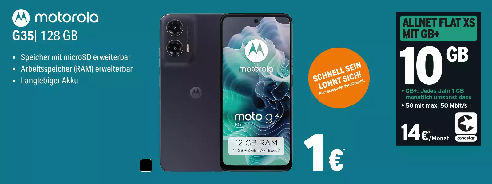 Motorola G35 Smartphone mit 128 GB Speicher, 12 GB RAM und Allnet Flat 10 GB Angebot.