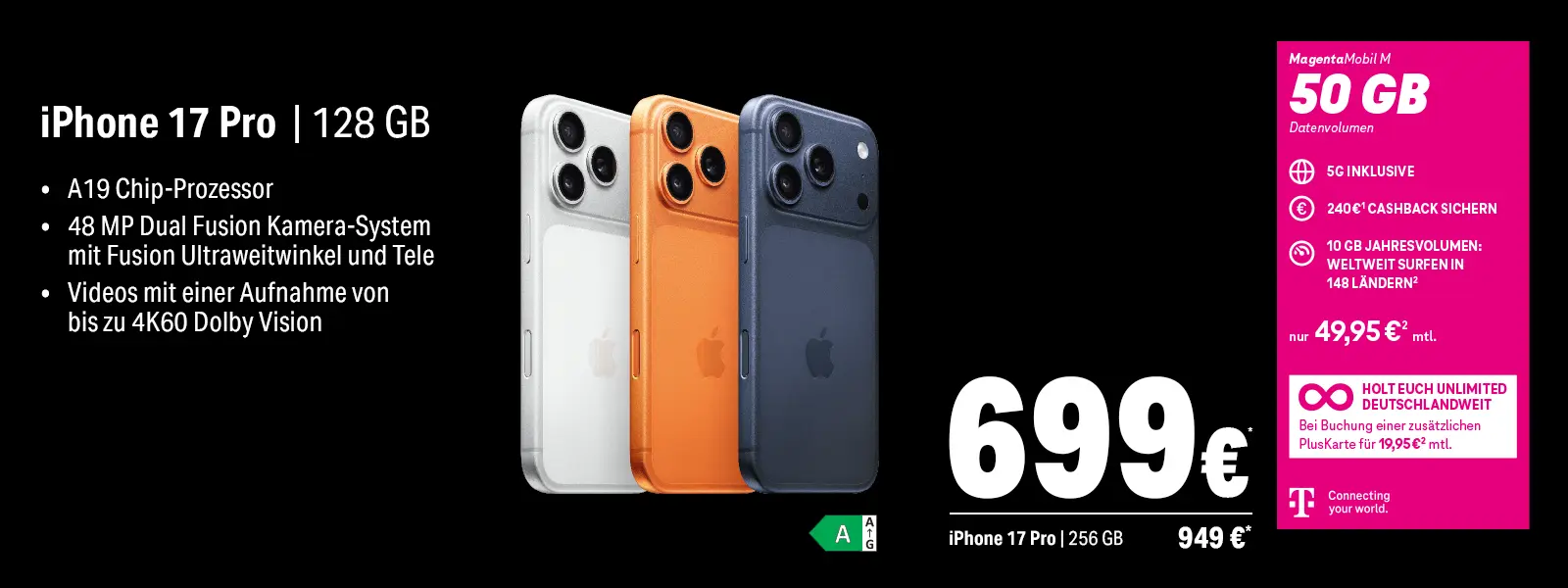 Werbebanner: iPhone 17 Pro mit Datenvolumen-Tarif, drei Farben, Kamera-Infos