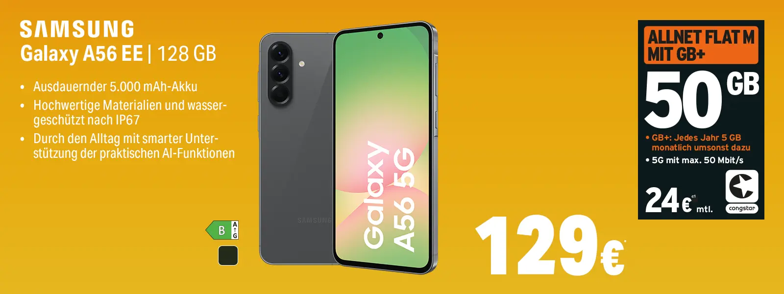 Werbebanner: Samsung Galaxy A56 5G 128 GB mit 50 GB Allnet-Flat bei congstar