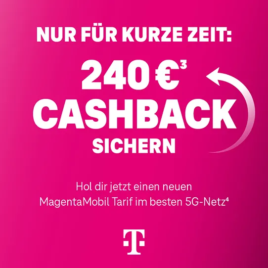 Magenta Werbegrafik für MagentaMobil Tarif mit Cashback-Aktion im besten 5G-Netz.