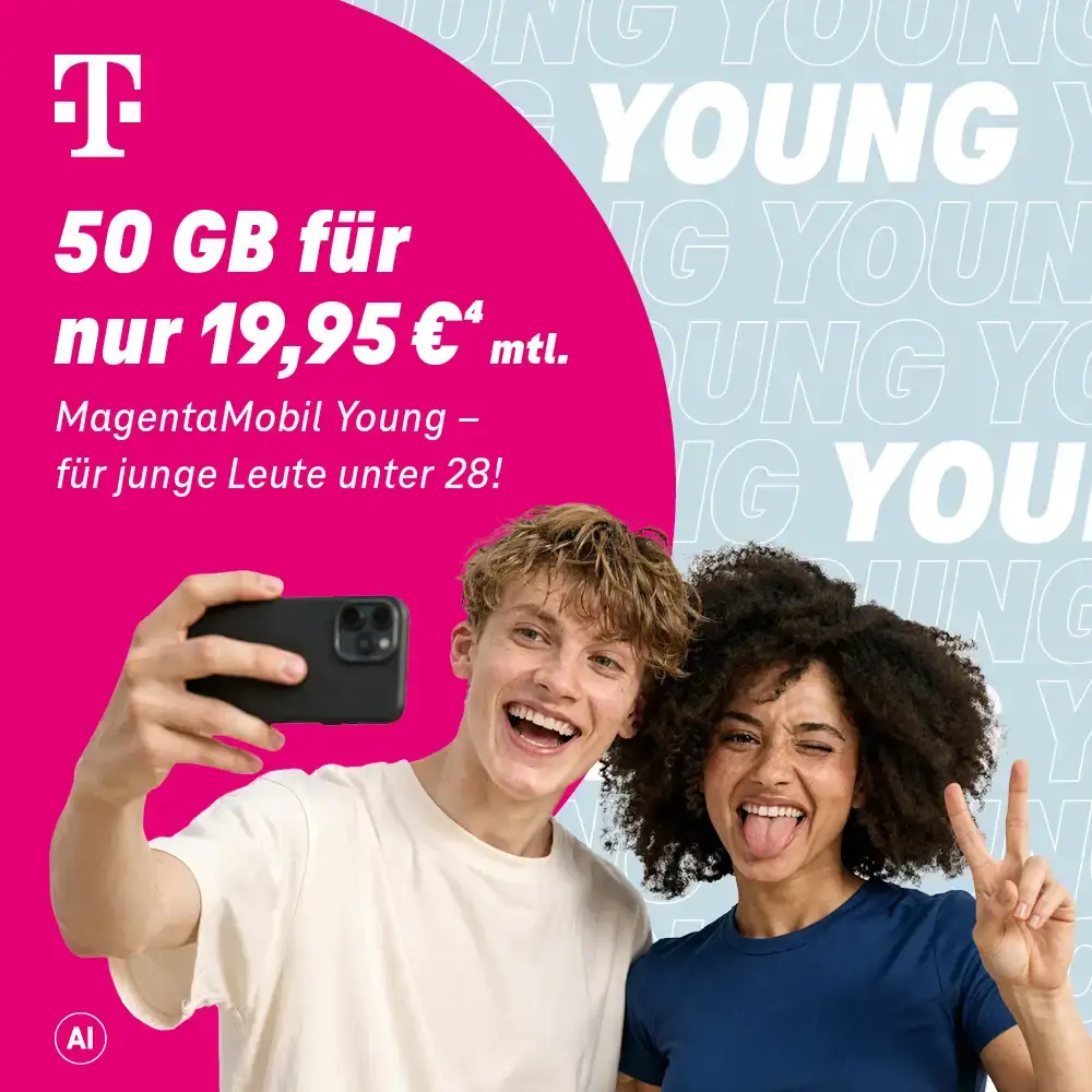 Telekom MagentaMobil Young: zwei Jugendliche machen Selfie, 50 GB Tarif für U28